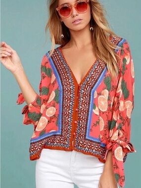 Free People Freshly Squeezed Coral Pink Print Top XS